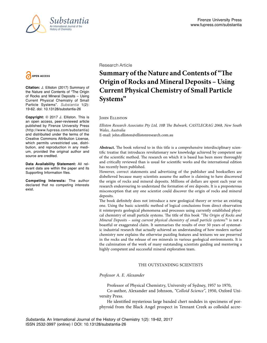 The Origin of Rocks and Mineral Deposits – Using Current Physical Chemistry of Small Particle Systems”1 Is Not a Boastful Or Exaggerated Claim