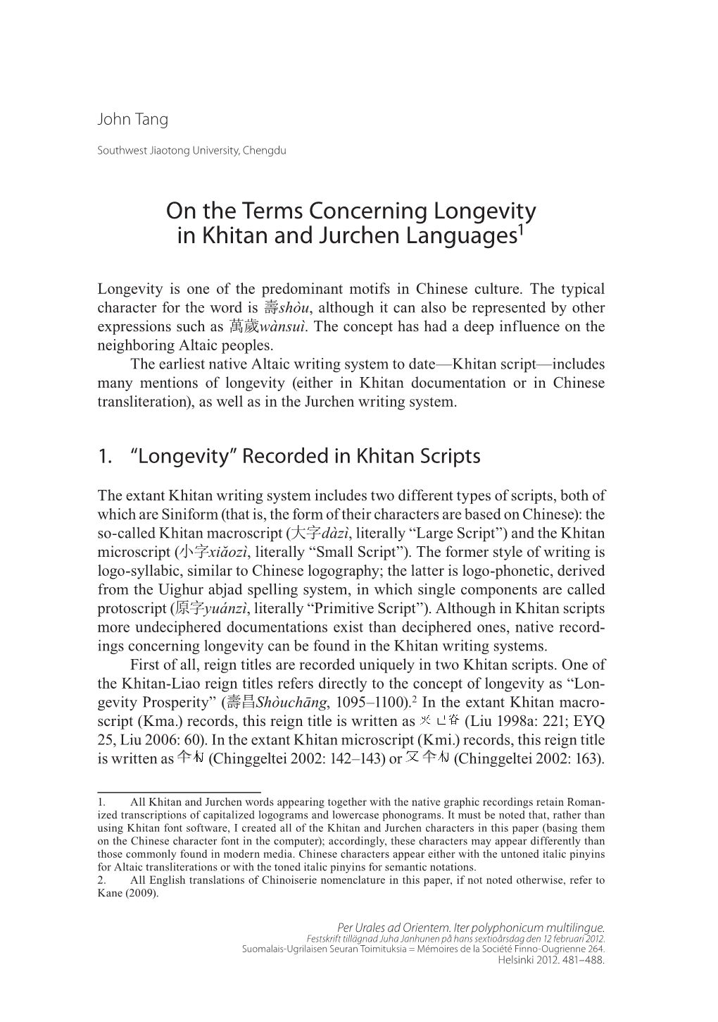 On the Terms Concerning Longevity in Khitan and Jurchen Languages1