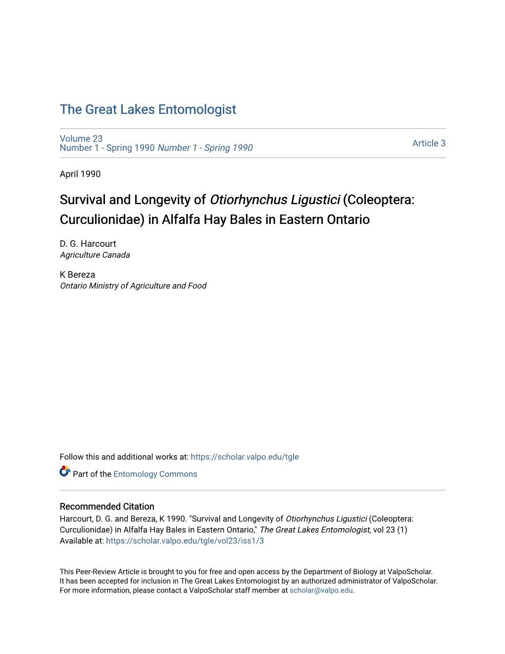 Survival and Longevity of Otiorhynchus Ligustici (Coleoptera: Curculionidae) in Alfalfa Hay Bales in Eastern Ontario