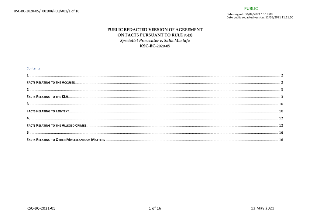 PUBLIC REDACTED VERSION of AGREEMENT on FACTS PURSUANT to RULE 95(3) Specialist Prosecutor V. Salih Mustafa KSC-BC-2020-05 KSC-B