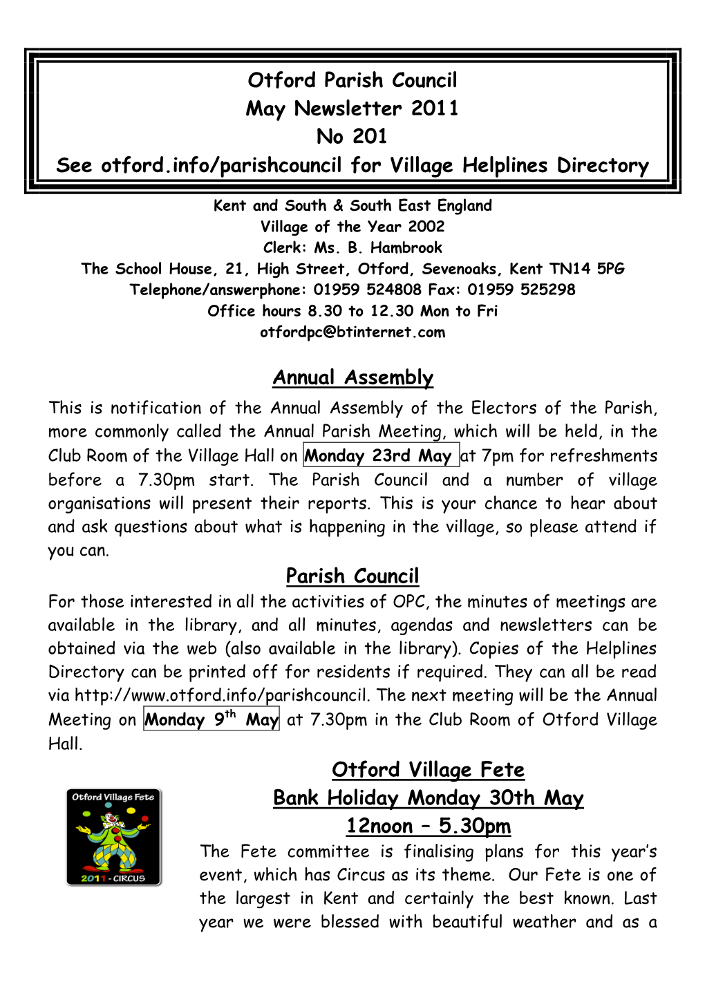 Otford Parish Council May Newsletter 2011 No 201 See Otford.Info/Parishcouncil for Village Helplines Directory
