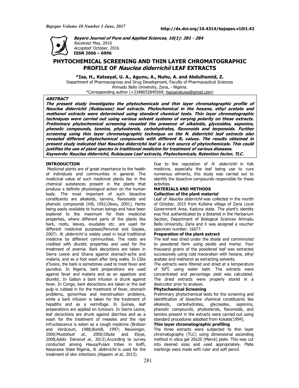 PROFILE of Nauclea Diderrichii LEAF EXTRACTS