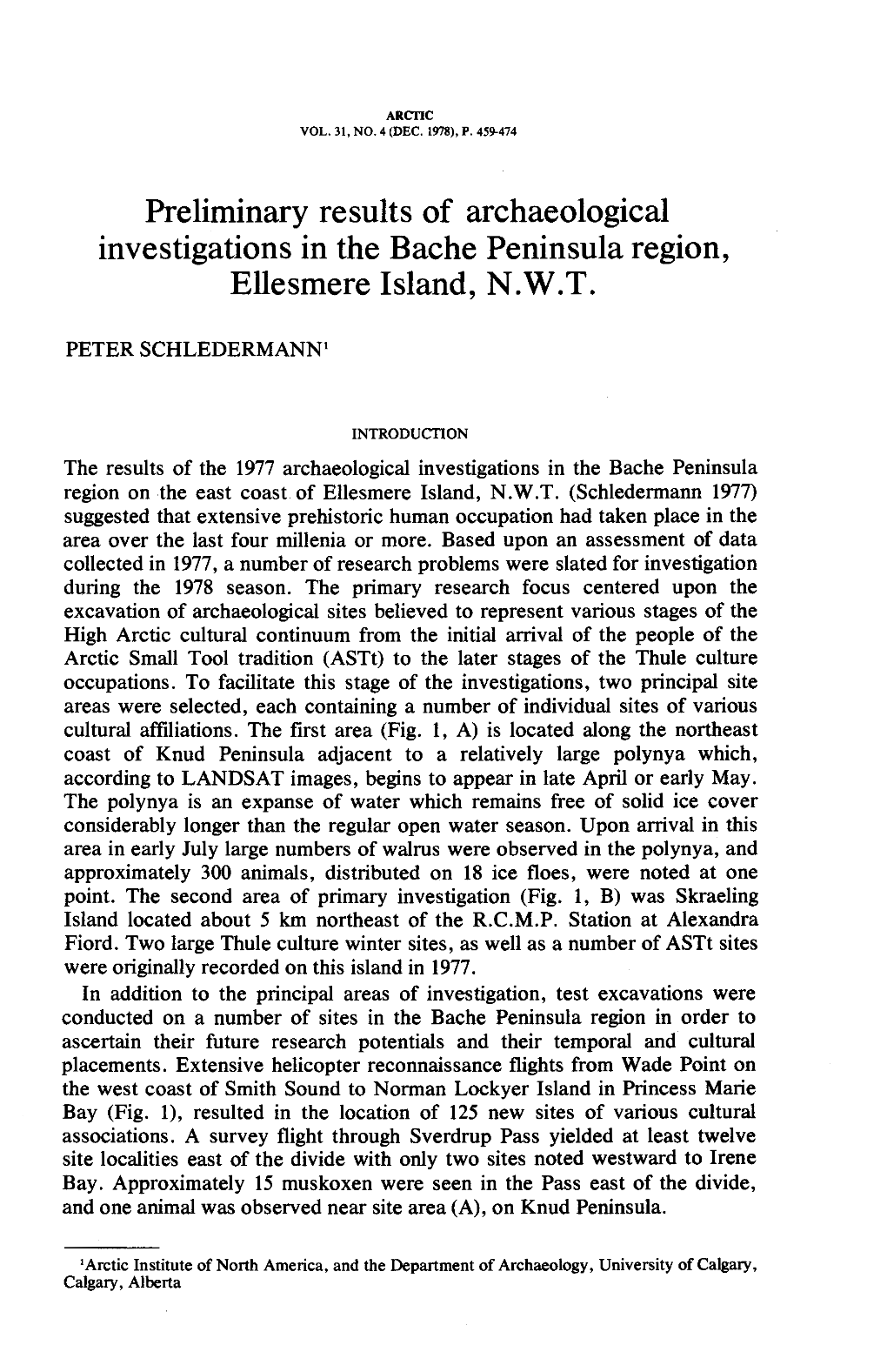 Preliminary Results of Archaeological Investigations in the Bache Peninsula Region, Ellesmere Island, N.W.T