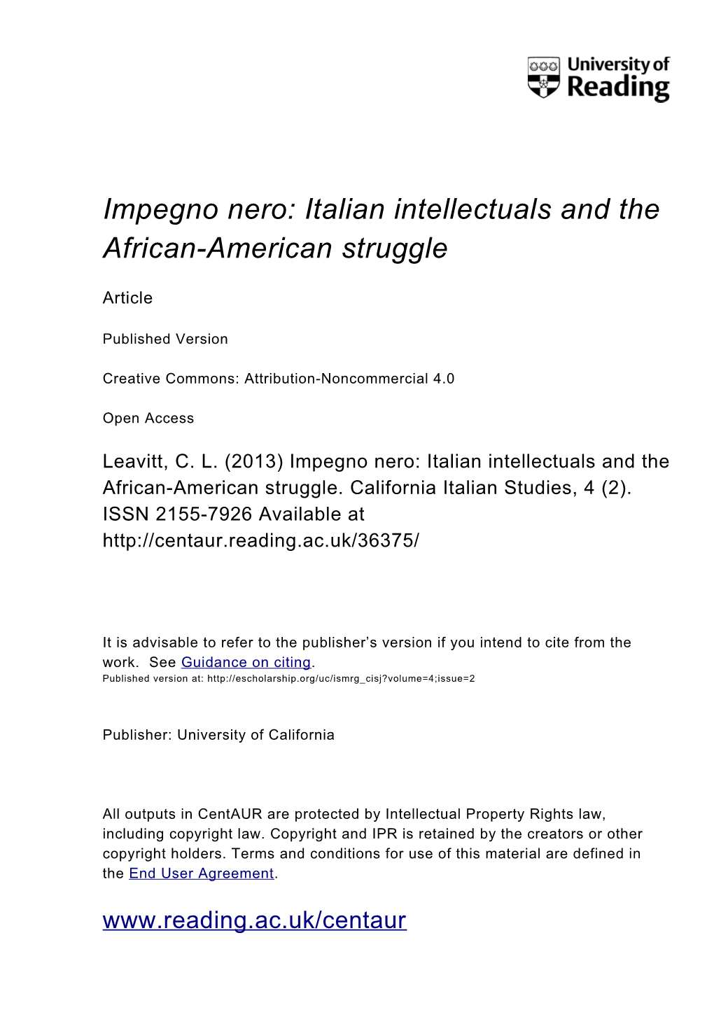 Impegno Nero: Italian Intellectuals and the African-American Struggle