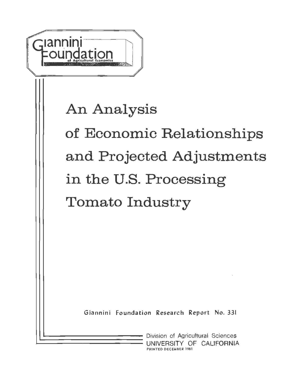 An Analysis of Economic Relationships and Projected Adjustments in the U.S