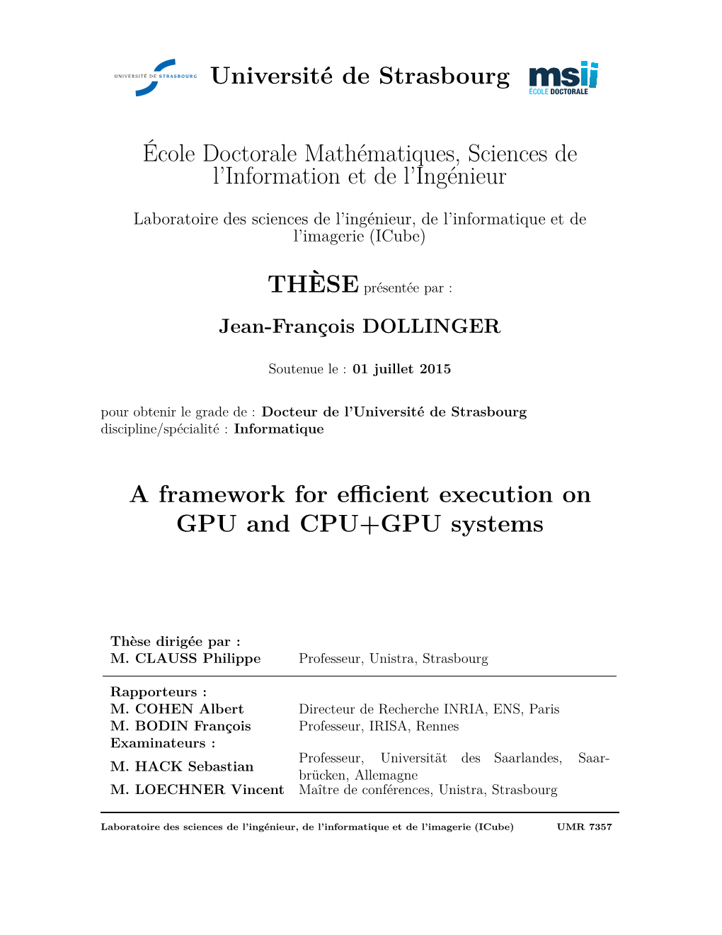 Université De Strasbourg École Doctorale Mathématiques