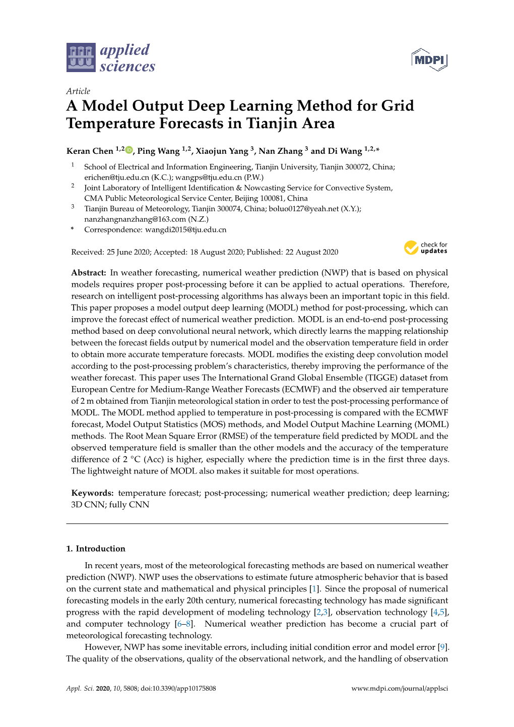 A Model Output Deep Learning Method for Grid Temperature Forecasts in Tianjin Area