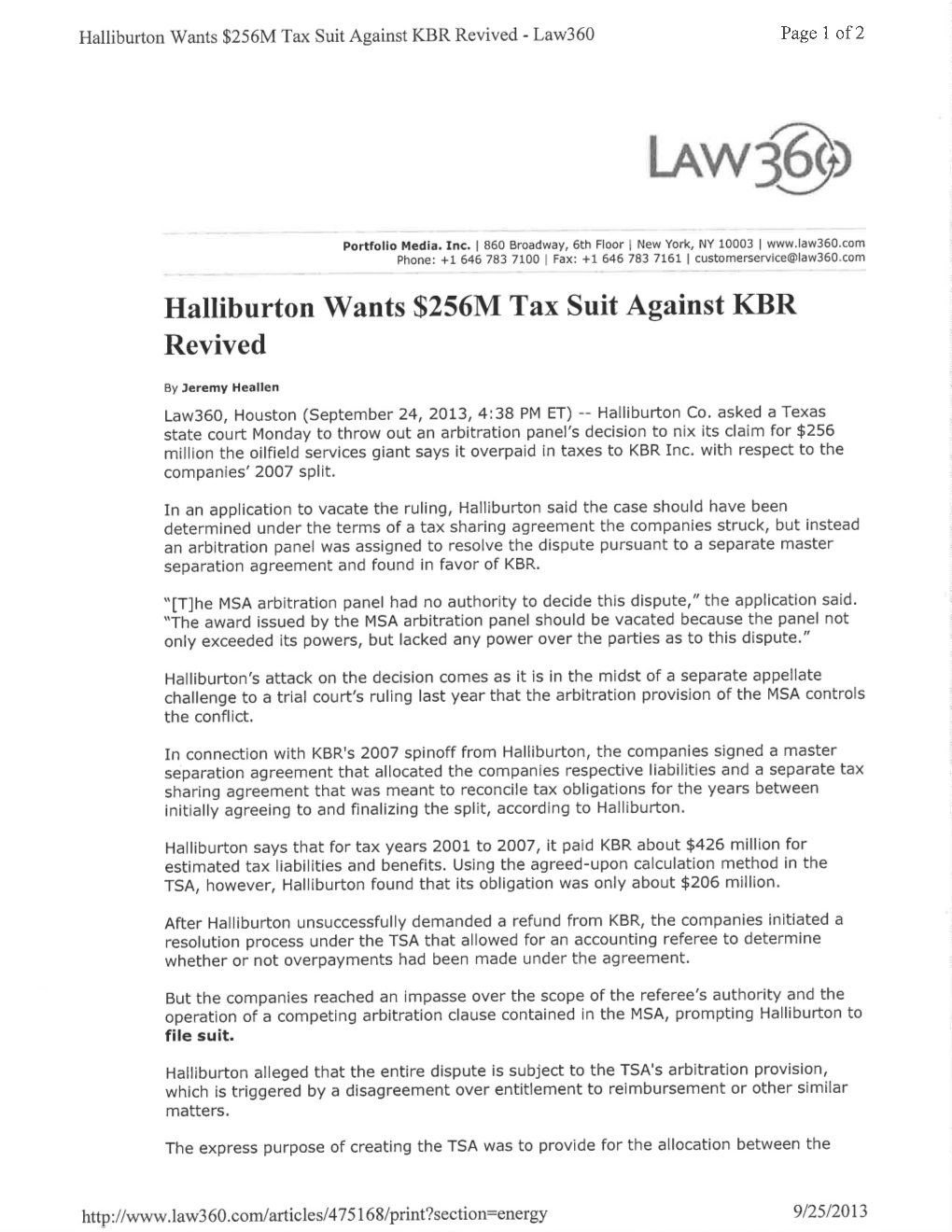 Halliburton Wants $256M Tax Suit Against KBR Revived