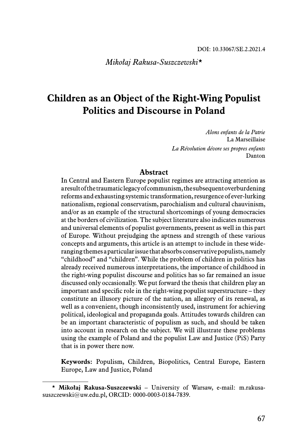 Children As an Object of the Right-Wing Populist Politics and Discourse in Poland