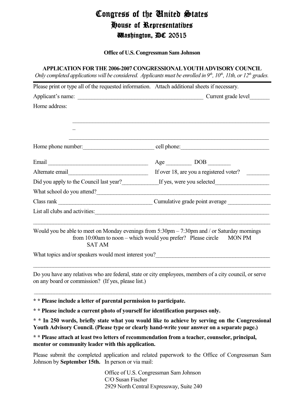 Application for the 2006-2007 Congressional Youth Advisory Council