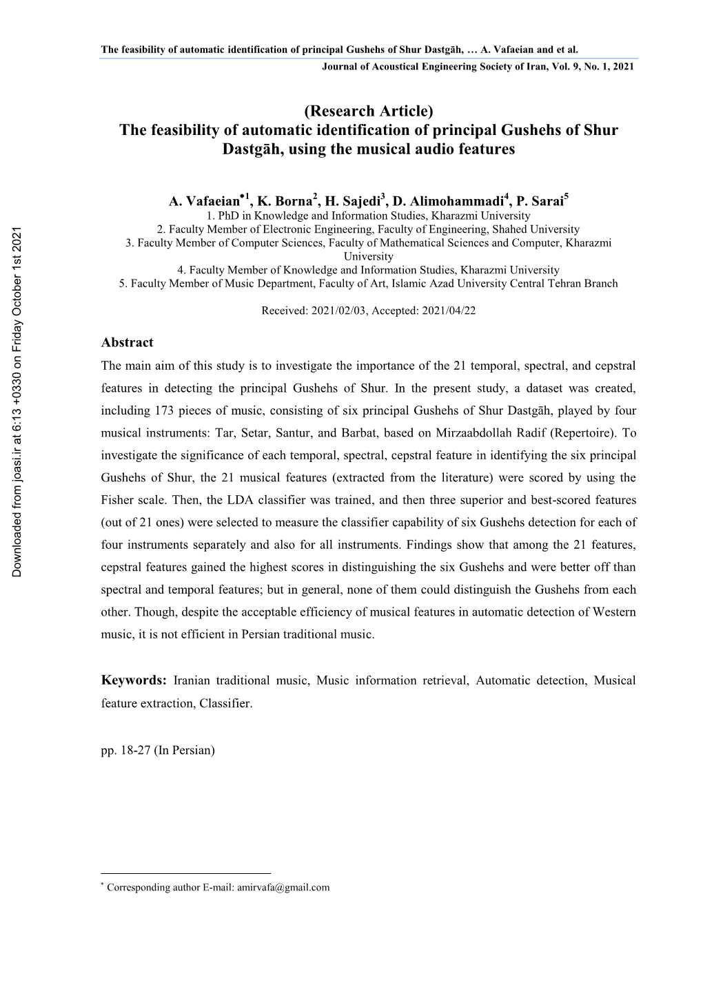 The Feasibility of Automatic Identification of Principal Gushehs of Shur Dastgāh, … A