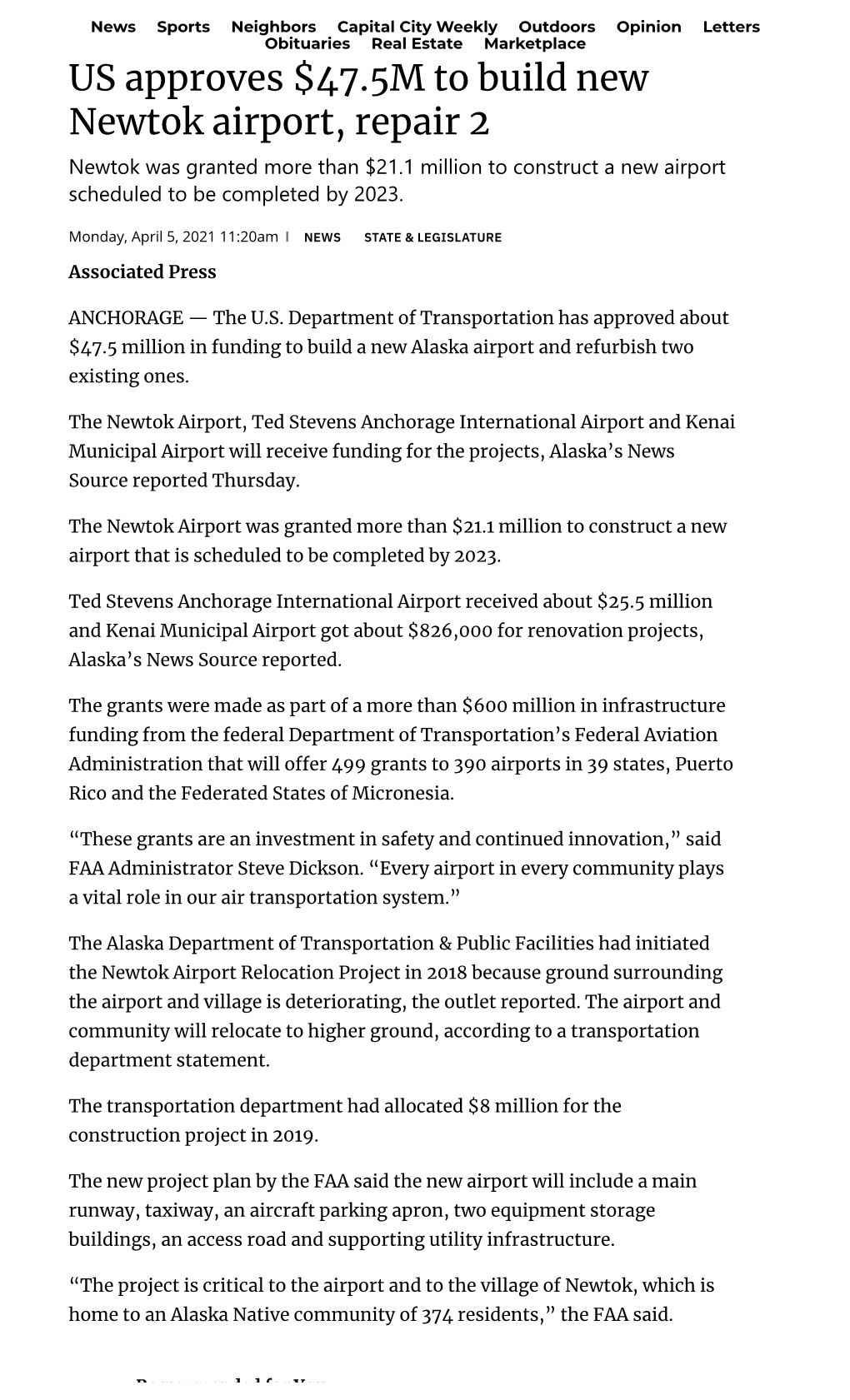 US Approves $47.5M to Build New Newtok Airport, Repair 2 Newtok Was Granted More Than $21.1 Million to Construct a New Airport Scheduled to Be Completed by 2023