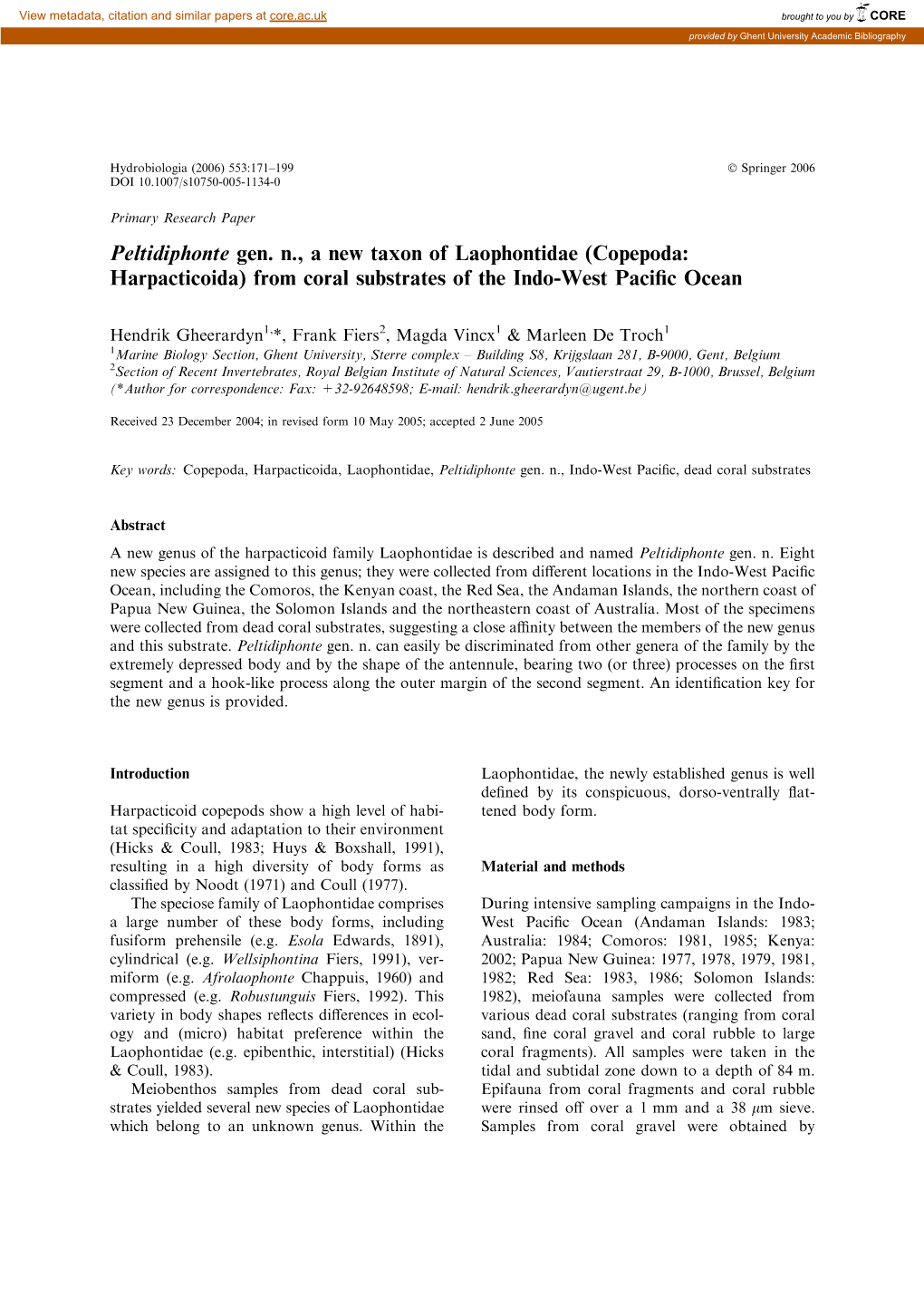 Peltidiphonte Gen. N., a New Taxon of Laophontidae (Copepoda: Harpacticoida) from Coral Substrates of the Indo-West Paciﬁc Ocean