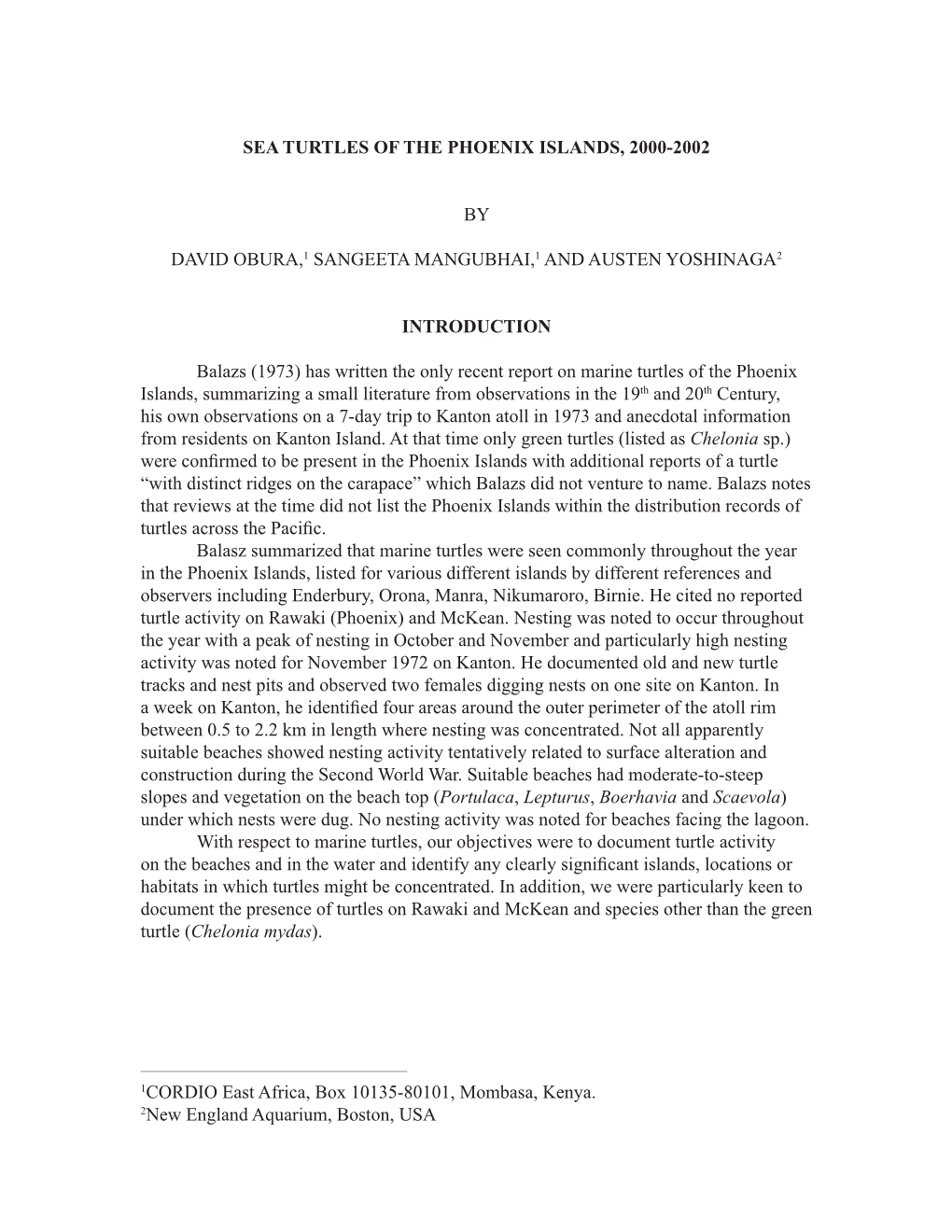 Sea Turtles of the Phoenix Islands, 2000-2002