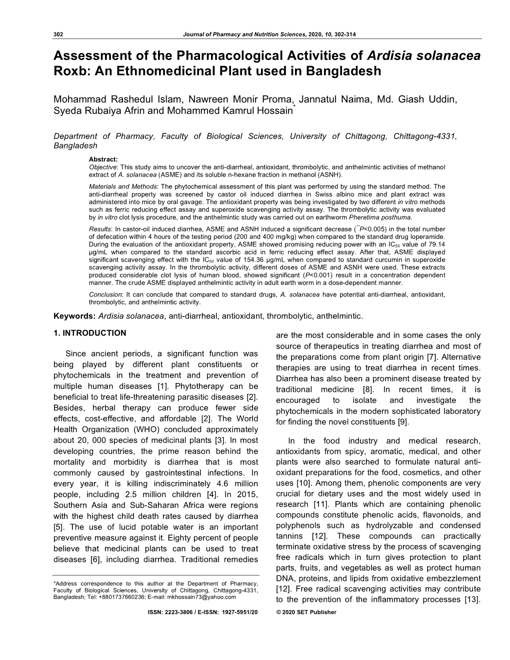 Assessment of the Pharmacological Activities of Ardisia Solanacea Roxb: an Ethnomedicinal Plant Used in Bangladesh