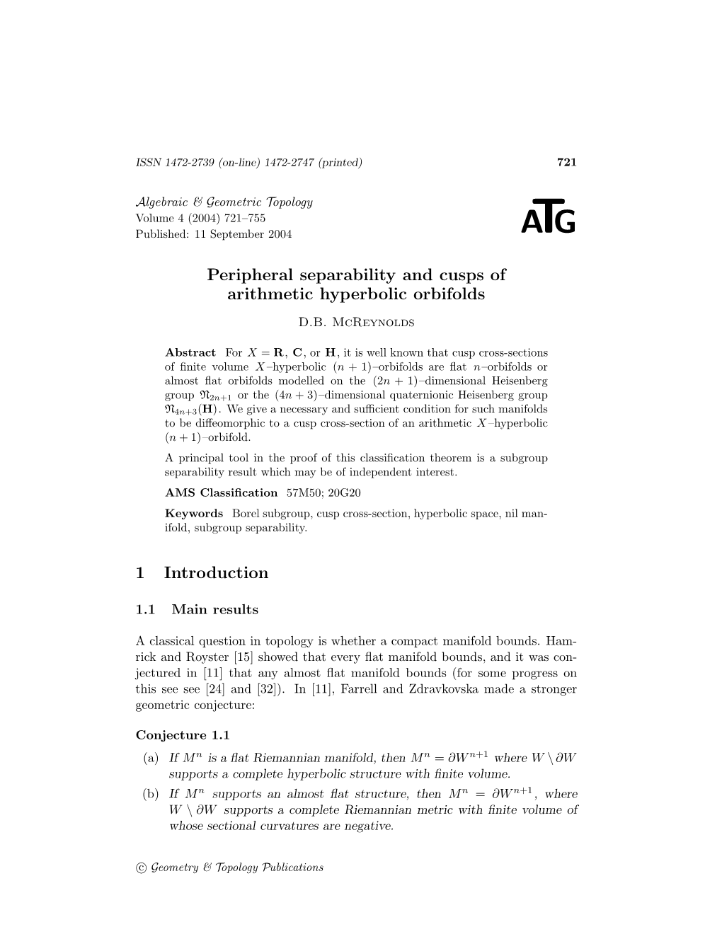 Peripheral Separability and Cusps of Arithmetic Hyperbolic Orbifolds 1 Introduction