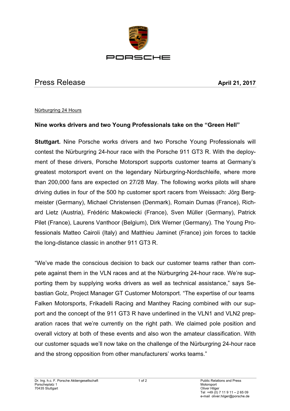 Press Release April 21, 2017