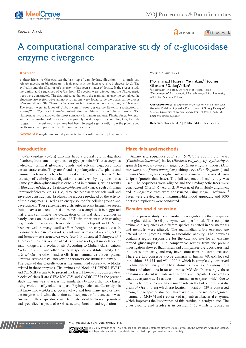 A Computational Comparative Study of Α-Glucosidase Enzyme Divergence ©2015 Mehraban Et Al