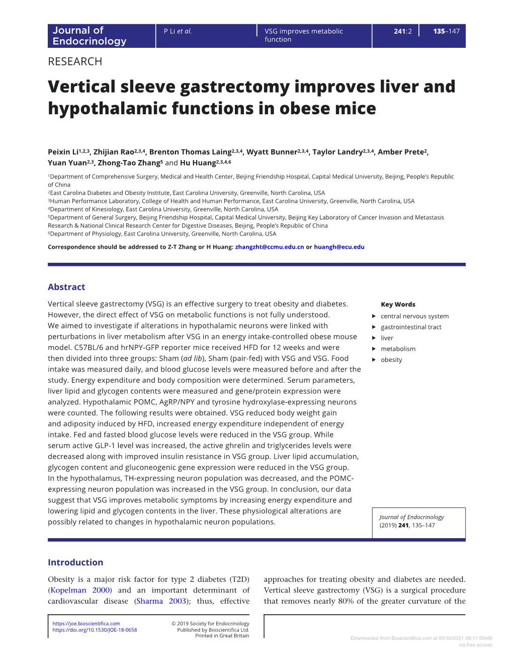 Vertical Sleeve Gastrectomy Improves Liver and Hypothalamic Functions in Obese Mice