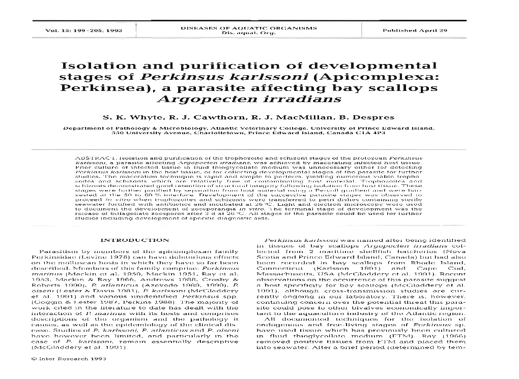 Stages of Perkinsus Karlssoni (Apicomplexa: Argopecten Irradians