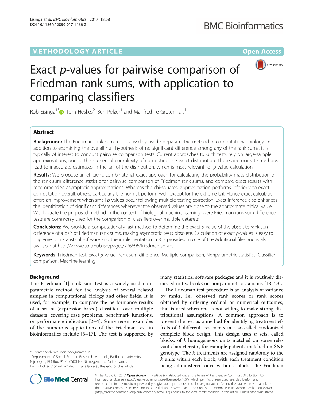 Exact P-Values for Pairwise Comparison of Friedman Rank Sums