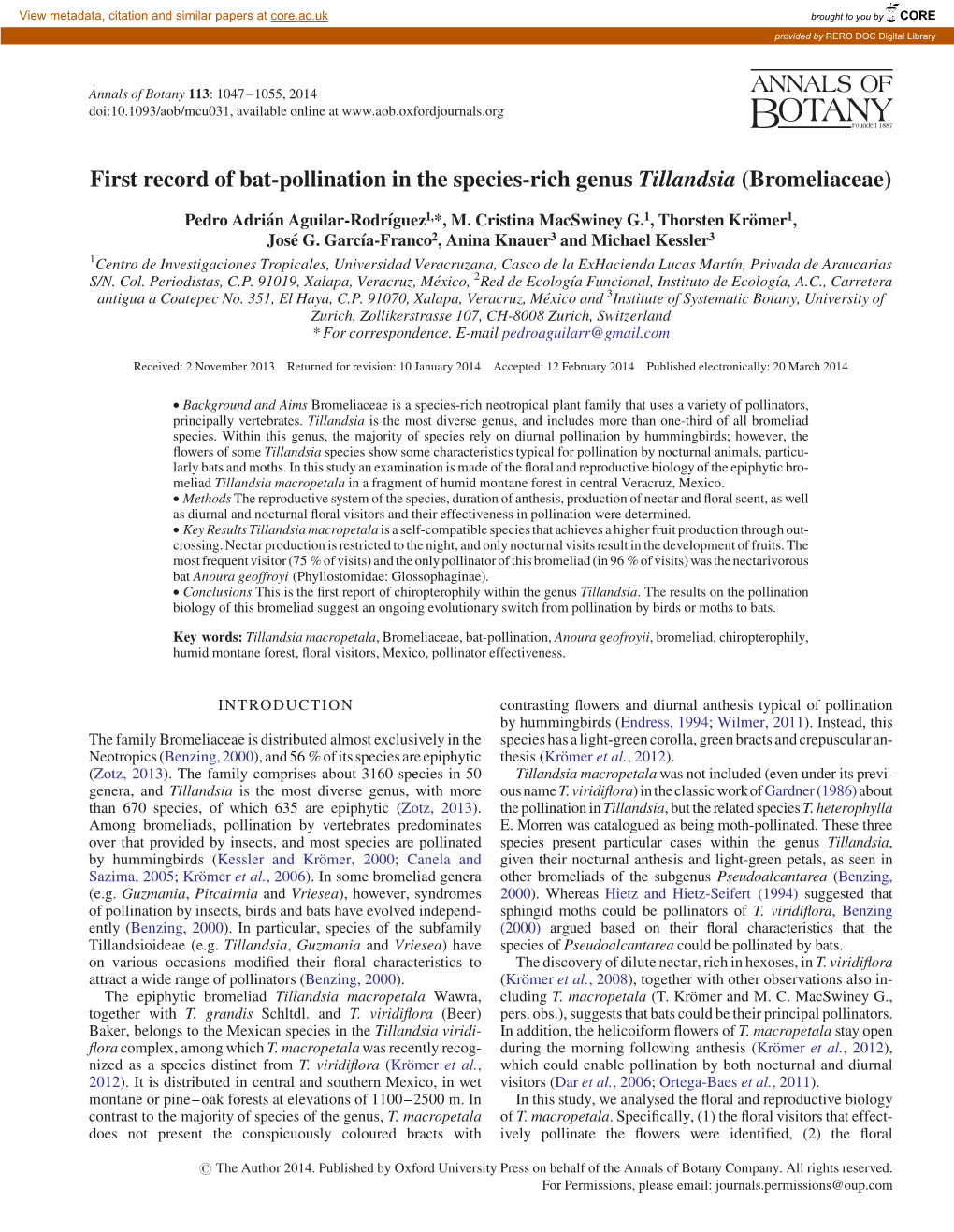 First Record of Bat-Pollination in the Species-Rich Genus Tillandsia (Bromeliaceae)