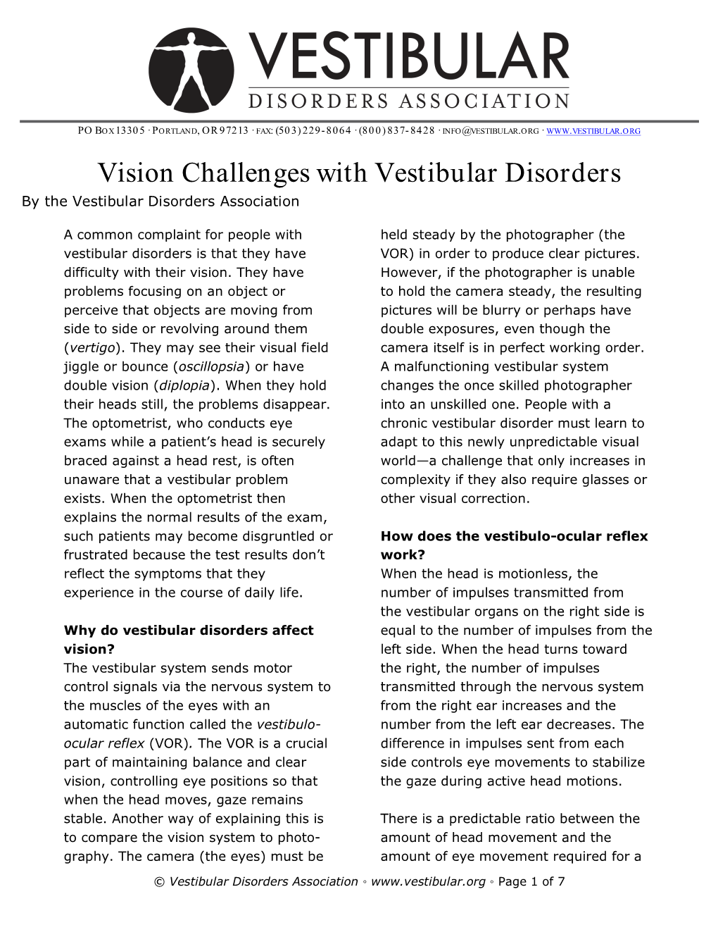 Vision Challenges with Vestibular Disorders by the Vestibular Disorders Association