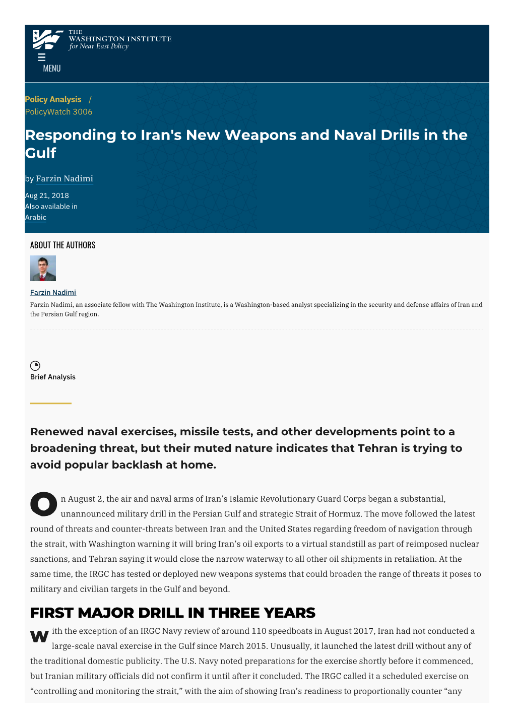 Responding to Iran's New Weapons and Naval Drills in the Gulf by Farzin Nadimi