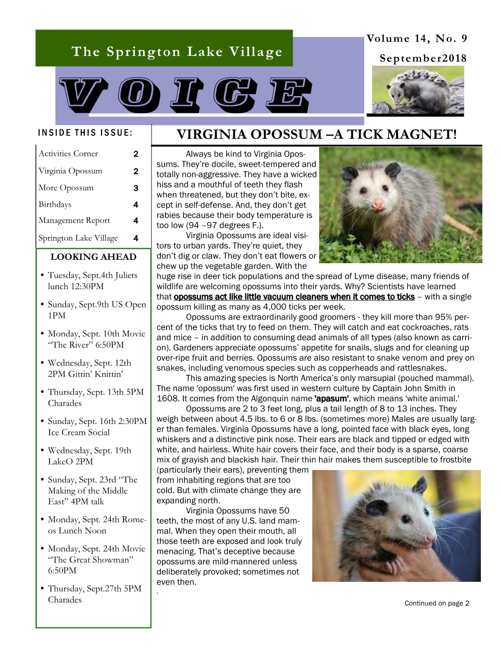 The Springton Lake Village September2018 VOICE INSIDE THIS ISSUE: VIRGINIA OPOSSUM –A TICK MAGNET! Activities Corner 2 Always Be Kind to Virginia Opos- Sums