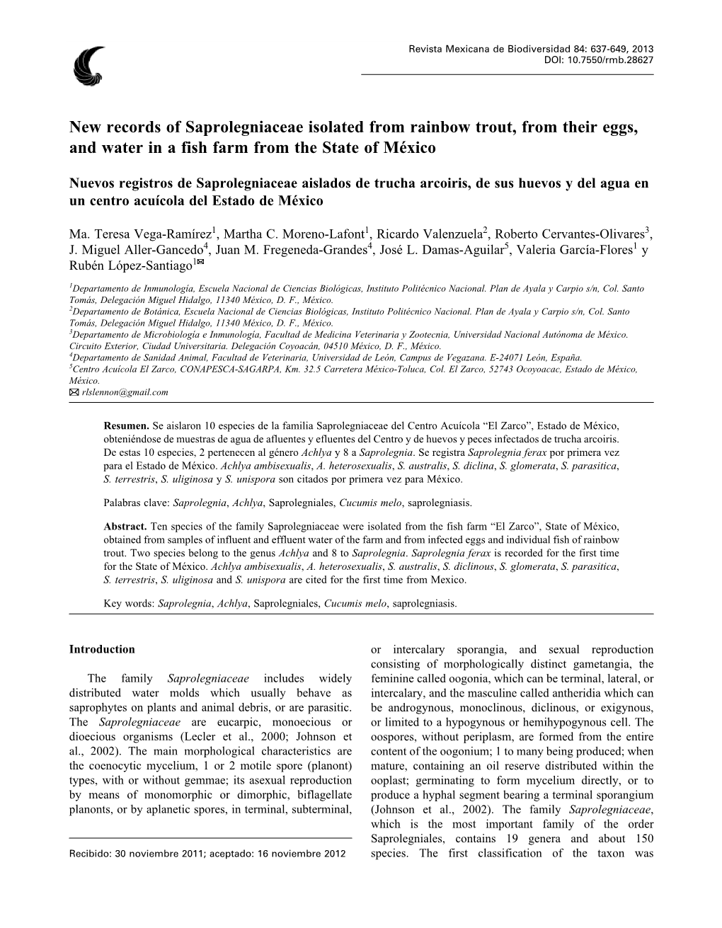 New Records of Saprolegniaceae Isolated from Rainbow Trout, from Their Eggs, and Water in a Fish Farm from the State of México