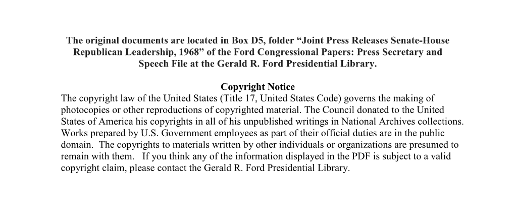 Joint Press Releases Senate-House Republican Leadership, 1968” of the Ford Congressional Papers: Press Secretary and Speech File at the Gerald R