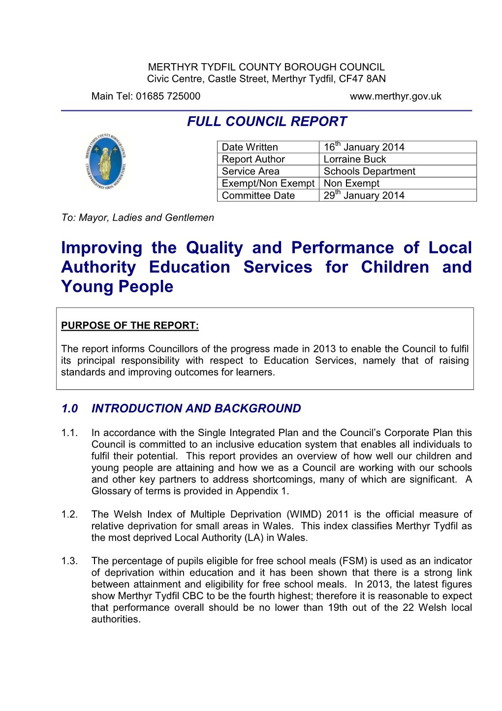 Improving the Quality and Performance of Local Authority Education Services for Children and Young People