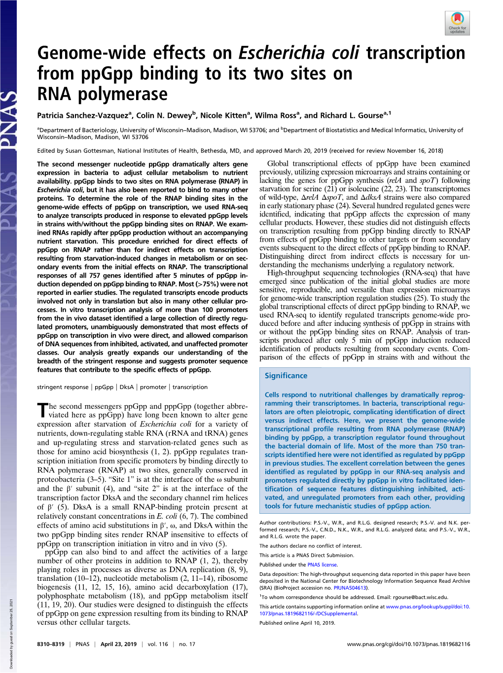 Genome-Wide Effects on Escherichia Coli Transcription from Ppgpp Binding to Its Two Sites on RNA Polymerase