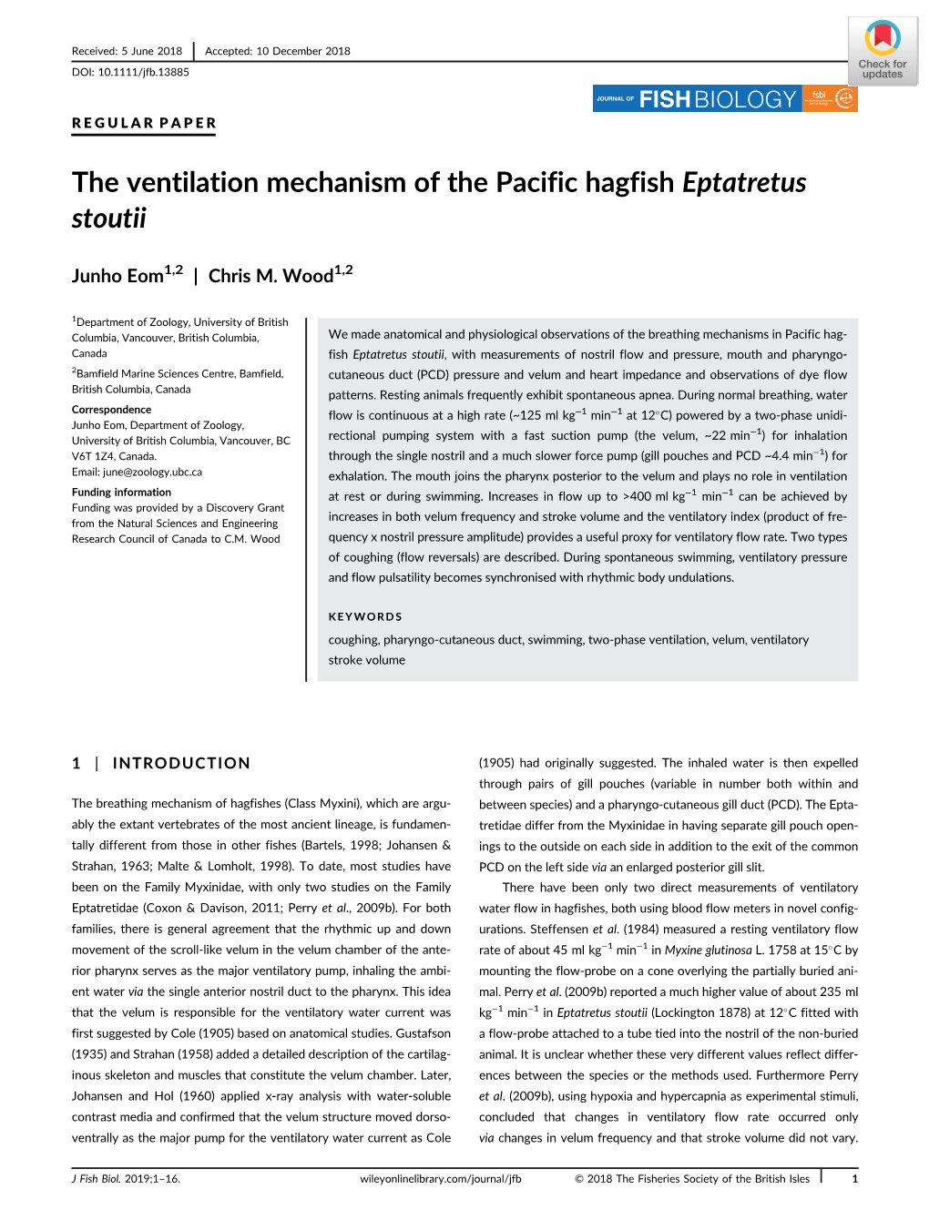 The Ventilation Mechanism of the Pacific Hagfish Eptatretus Stoutii