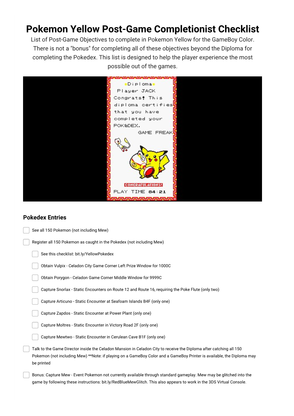 Pokemon Yellow Post-Game Completionist Checklist List of Post-Game Objectives to Complete in Pokemon Yellow for the Gameboy Color