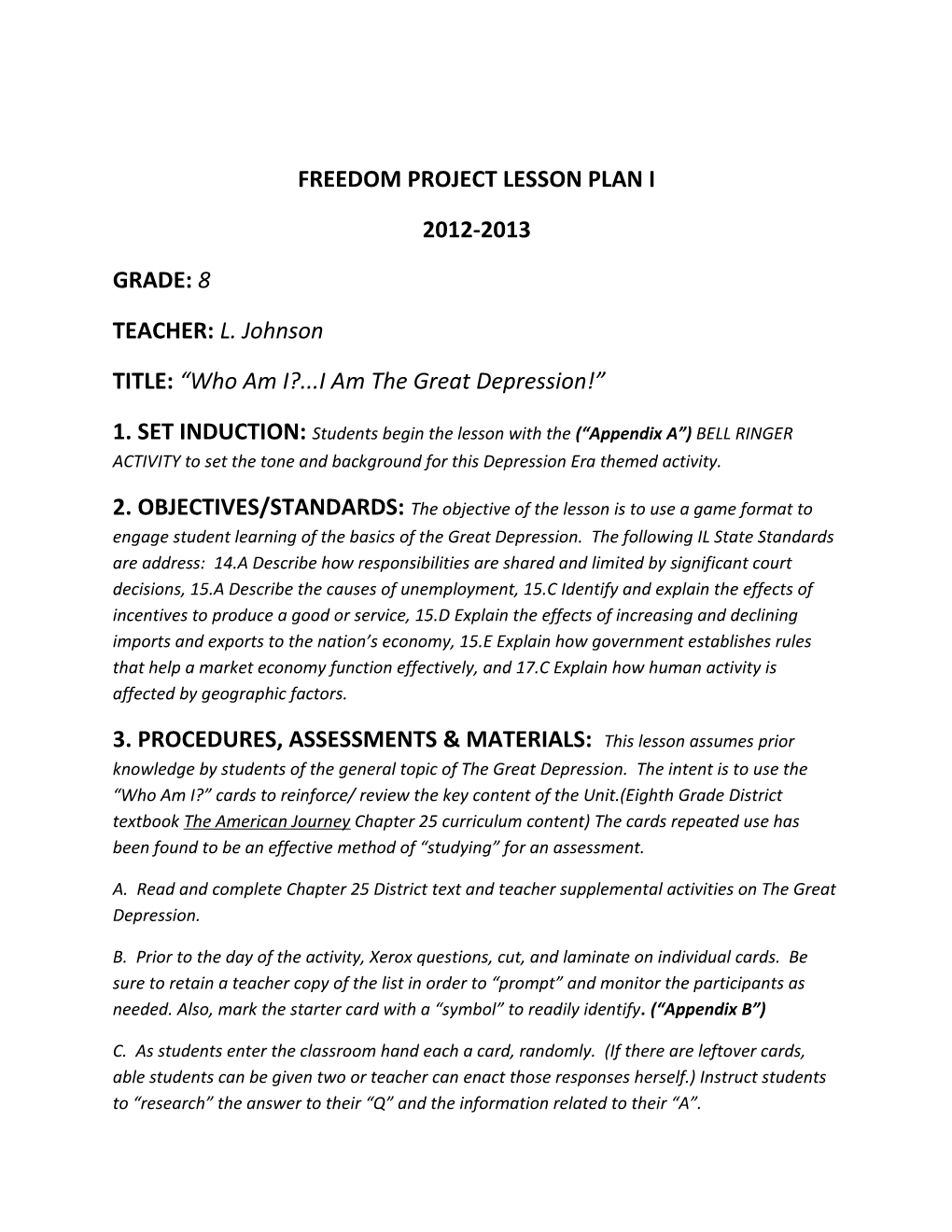 Freedom Project Lesson Plan I