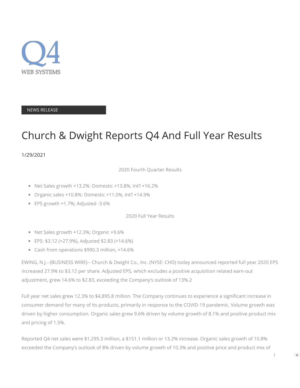 Church & Dwight Reports Q4 and Full Year Results