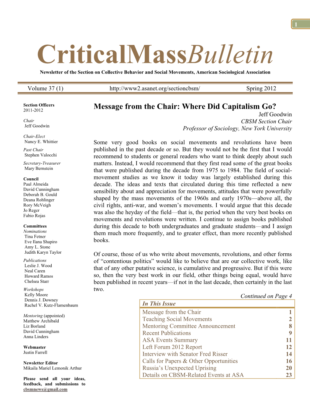 Criticalmassbulletin Newsletter of the Section on Collective Behavior and Social Movements, American Sociological Association