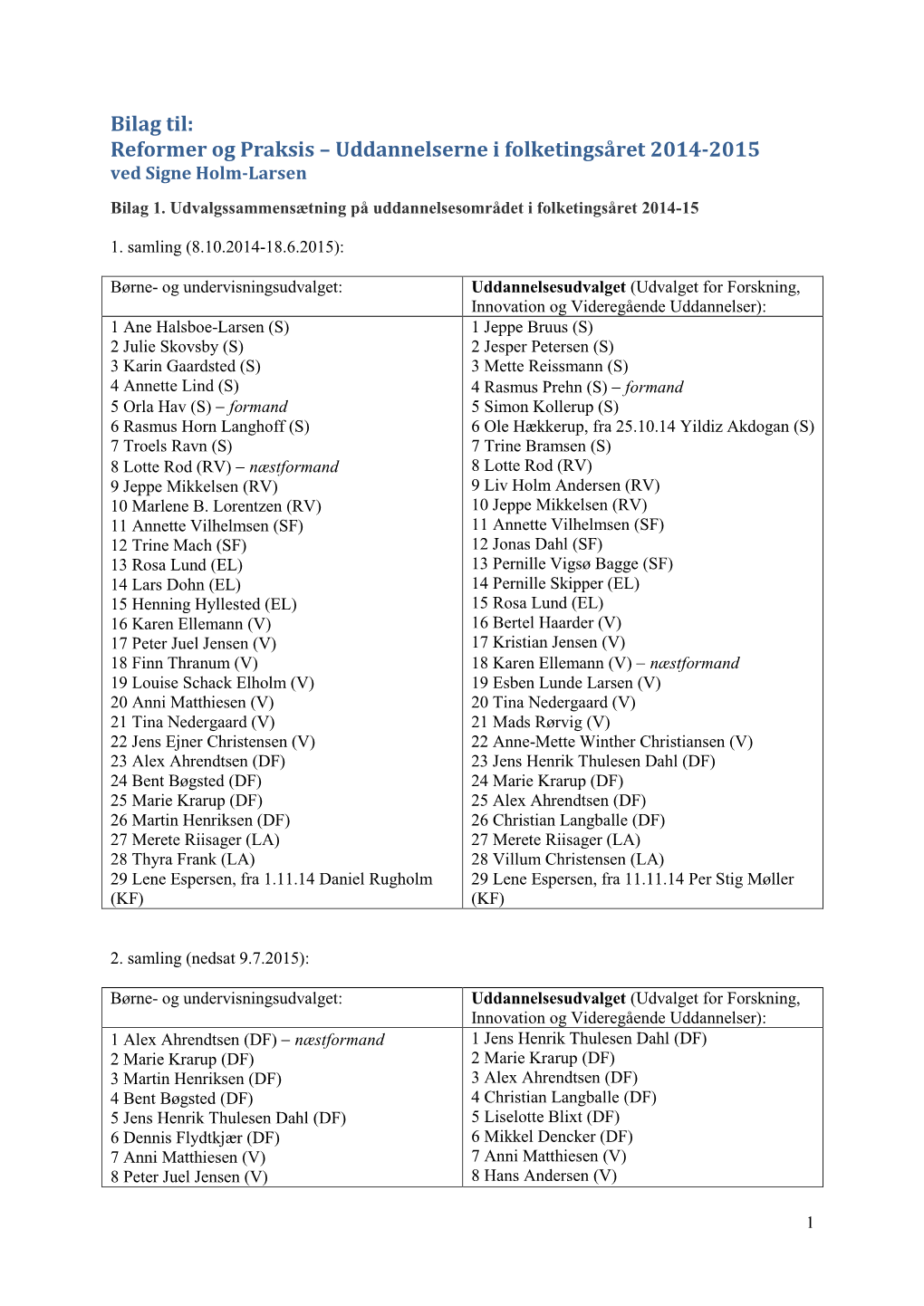 Bilag Til: Reformer Og Praksis – Uddannelserne I Folketingsåret 2014-2015 Ved Signe Holm-Larsen