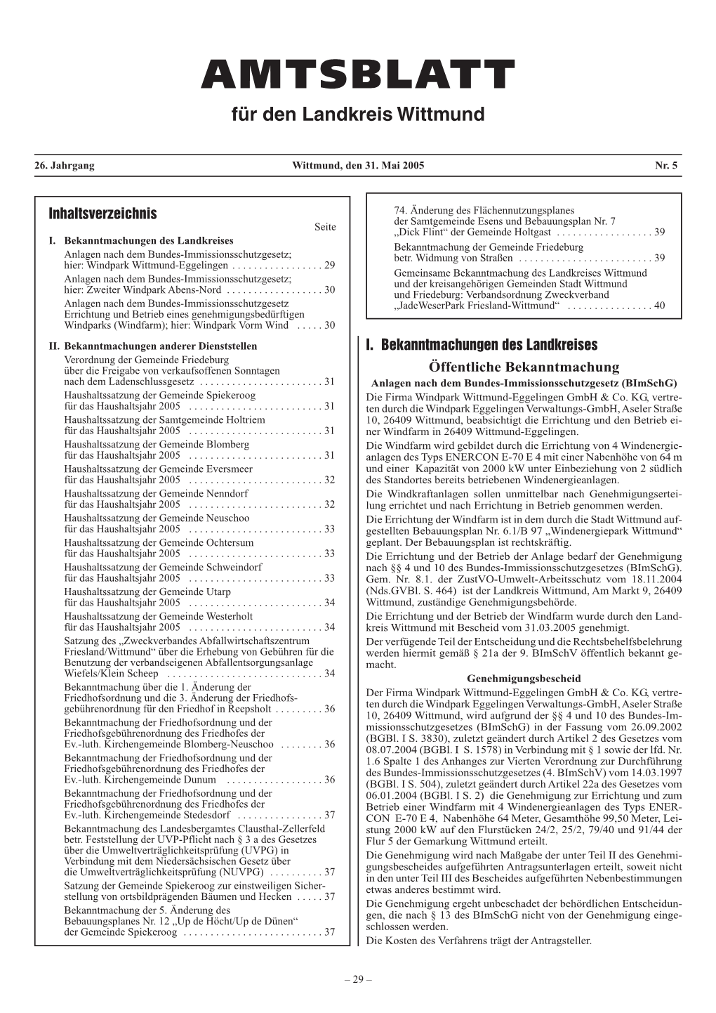 AMTSBLATT Für Den Landkreis Wittmund