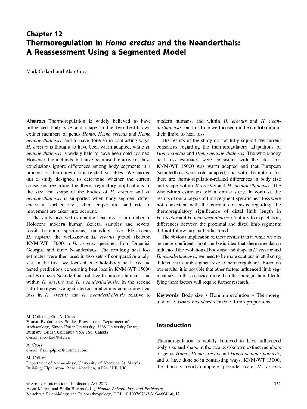 Thermoregulation in Homo Erectus and the Neanderthals: a Reassessment Using a Segmented Model