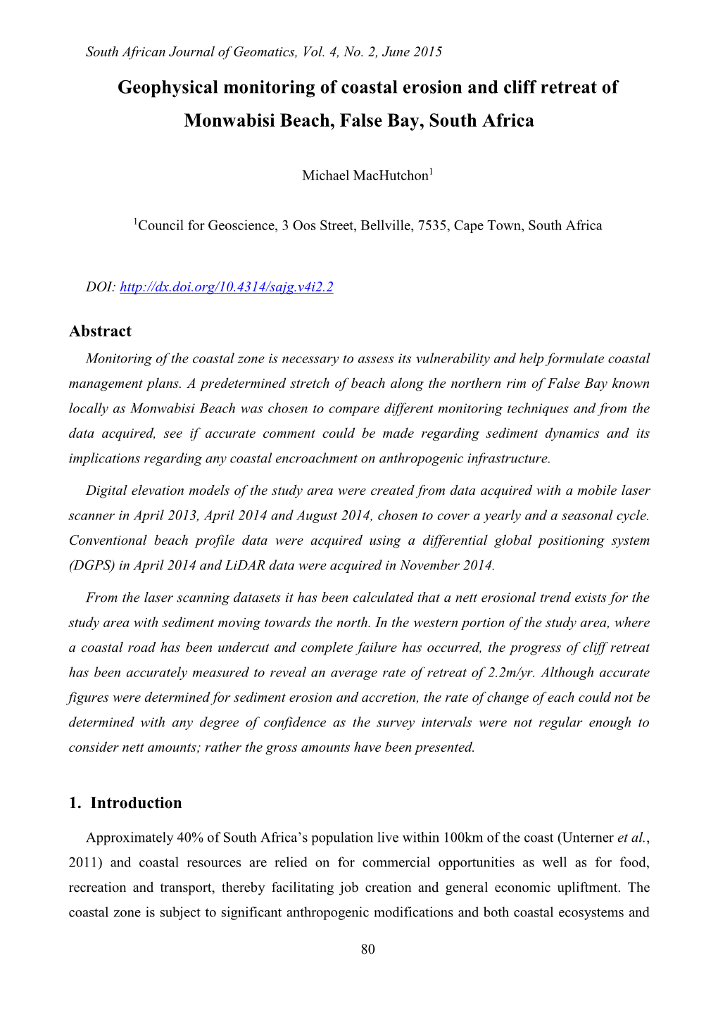 Geophysical Monitoring of Coastal Erosion and Cliff Retreat of Monwabisi Beach, False Bay, South Africa