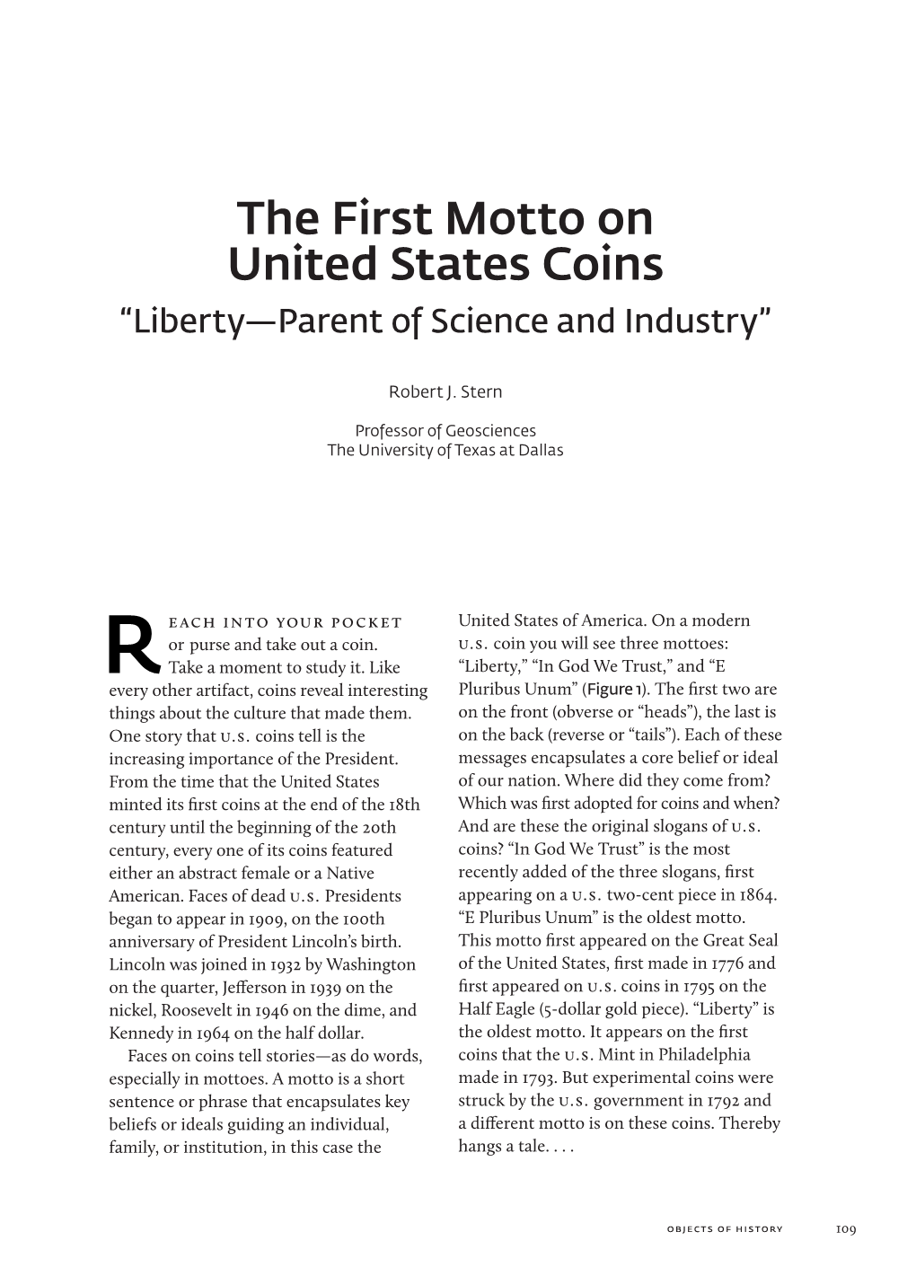 The First Motto on United States Coins “Liberty—Parent of Science and Industry”