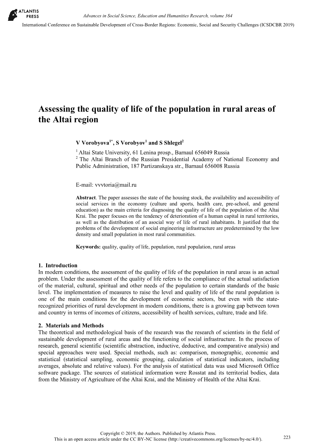 Assessing the Quality of Life of the Population in Rural Areas of the Altai Region