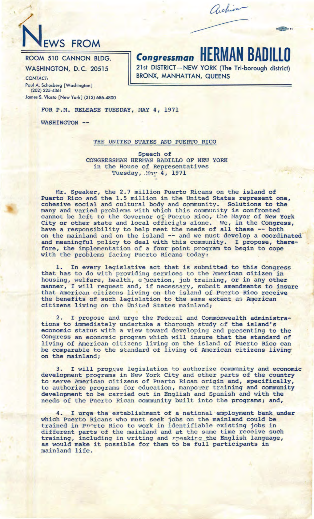 Speech of Congressman Herman Badillo of New York, May 4, 1971