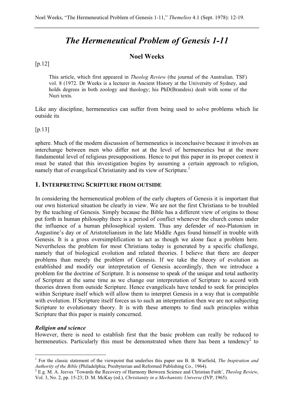 Noel Weeks, "The Hermeneutical Problem of Genesis 1-11,"