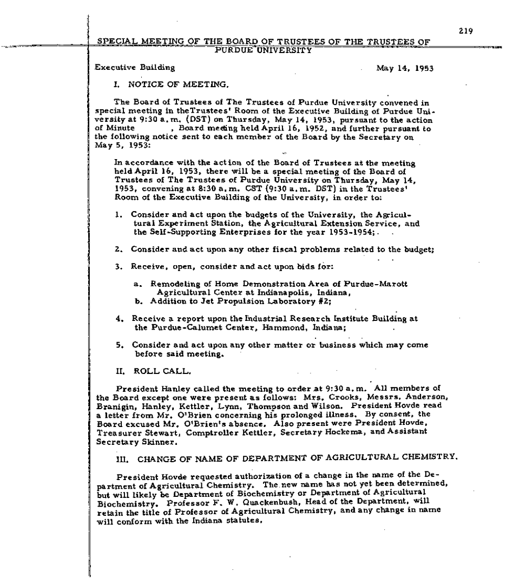 219 Speciiu^Jvlj^TING of the BOARD of TRUSTEES of the TRUSTEES of PURDUE'university Executive Builcung May 14, 1953 1