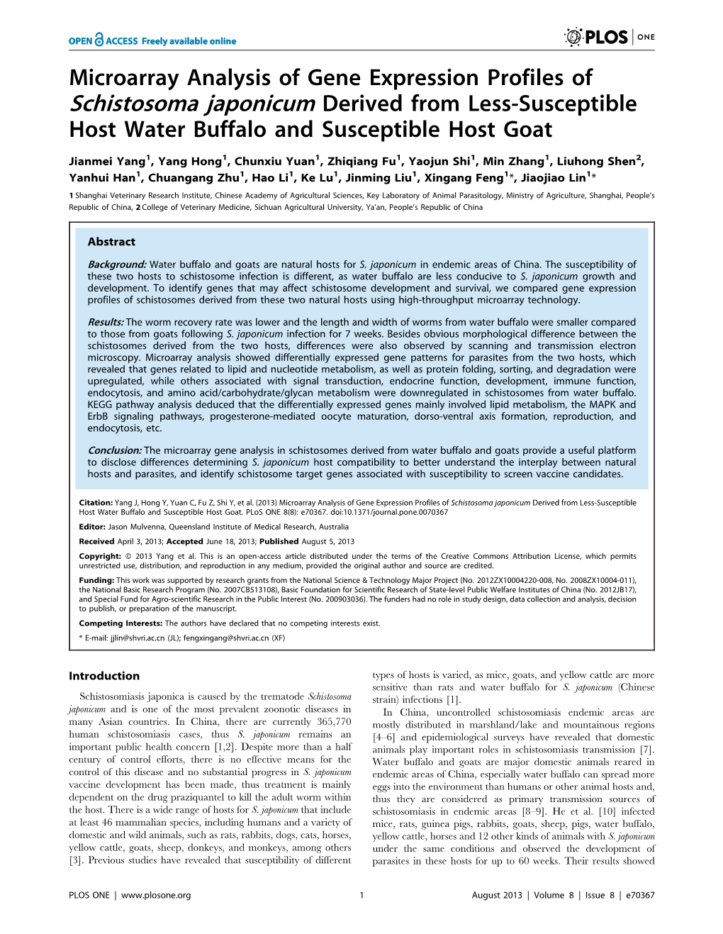 Microarray Analysis of Gene Expression Profiles of Schistosoma Japonicum Derived from Less-Susceptible Host Water Buffalo and Susceptible Host Goat