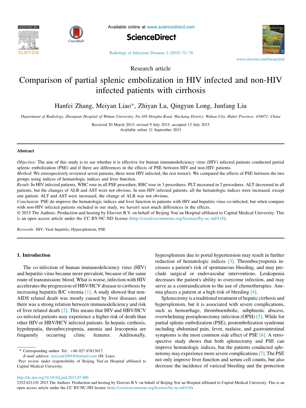 Comparison of Partial Splenic Embolization in HIV Infected and Non-HIV Infected Patients with Cirrhosis