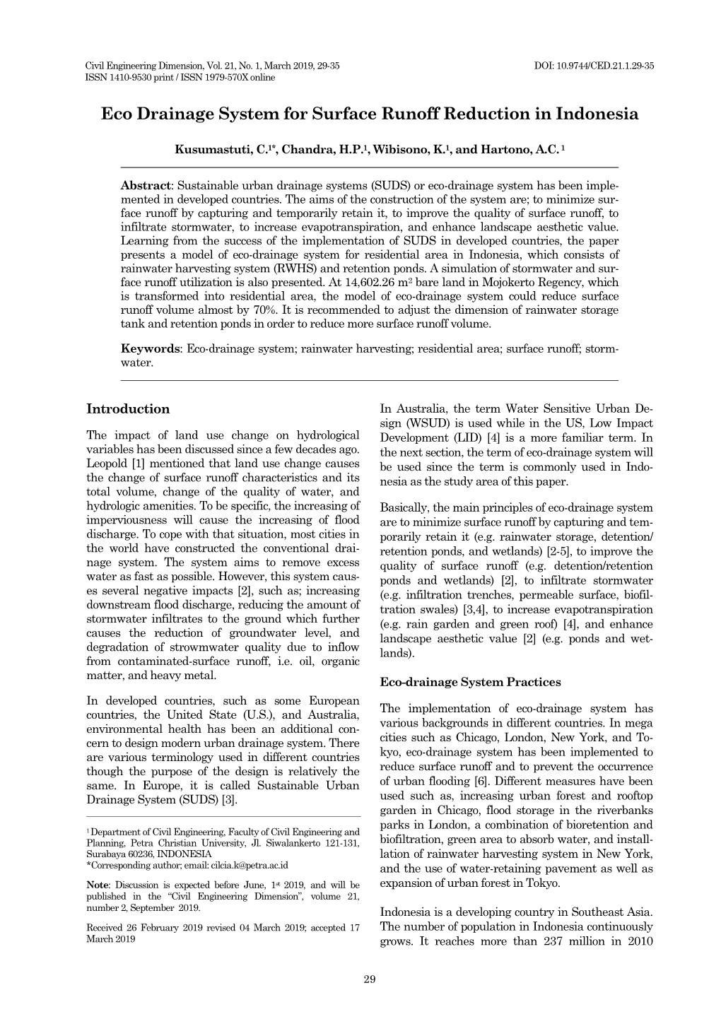 Eco Drainage System for Surface Runoff Reduction in Indonesia